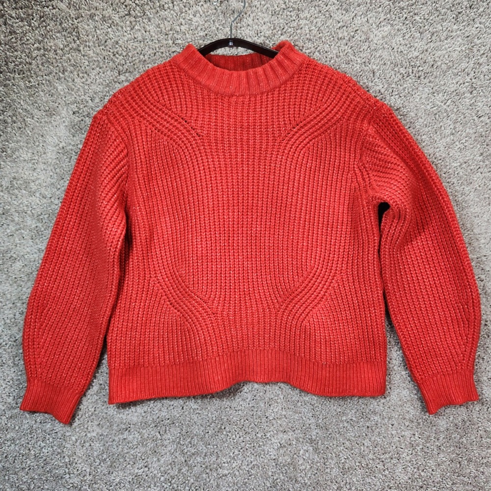 Nine West Sweater Womens L Red Shaker Knit Mock Neck Chunky Pullover Cozy Winter